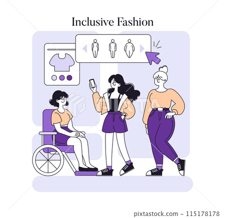 Inclusive Fashion concept. Diverse women selecting clothes, including a person in a wheelchair, promoting body positivity. Accessibility, diversity, and inclusion in fashion. Vector illustration. 115178178