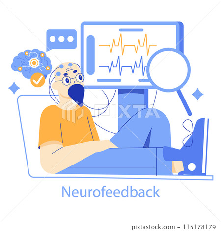 Neurofeedback concept Engaging vector illustration presenting brainwave monitoring for cognitive enhancement and therapy Insight into neurological health advancements Vector illustration 115178179