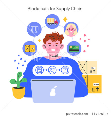 Blockchain Supply Chain concept. Integration of advanced technology for efficient logistics management. Digital transactions, tracking, secure payments. Vector illustration. Blockchain Supply Chain concept. Integration of advanced technology for efficient logistics management. Digital transactions, tracking, secure payments. Vector illustration. 115178193
