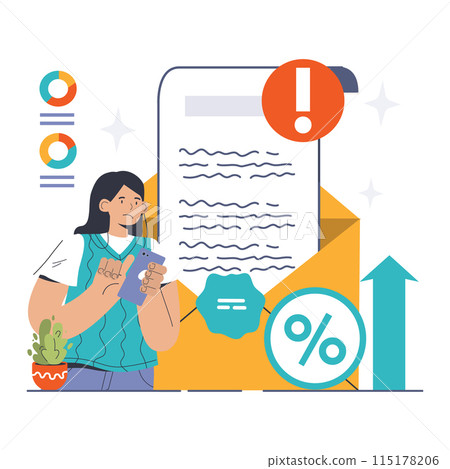 Financial Penalty concept. Worried woman reviewing a late fee notification on a mobile device with interest rate icons. Debt, penalties. Flat vector illustration 115178206