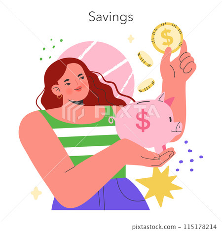 Personal finance concept. Woman depositing money in a piggy bank for future savings. Smart budgeting and financial planning. Vector illustration. 115178214