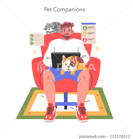 Pet Companions illustration Remote worker in a relaxed home setting with loyal pets providing companionship and comfort while working online Vector illustration 115178221