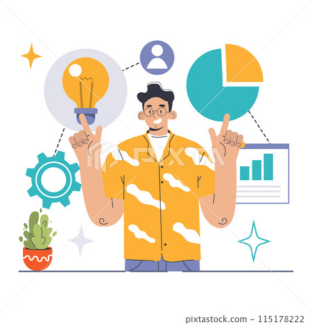 Resource allocation concept. A vibrant vector illustration displaying a confident professional determining asset distribution using a pie chart and idea bulb. Flat vector illustration 115178222