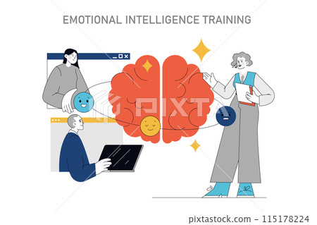 Soft Skills Training concept. Individuals interacting with a brain, symbolizing emotional intelligence growth. Enhancing self-awareness and empathy. Vector illustration. 115178224