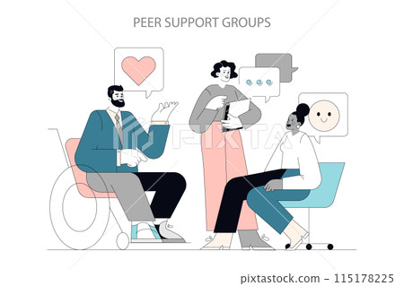 Mental Health Awareness concept. Diverse individuals engage in a supportive group discussion, promoting emotional wellbeing. Vector illustration. 115178225