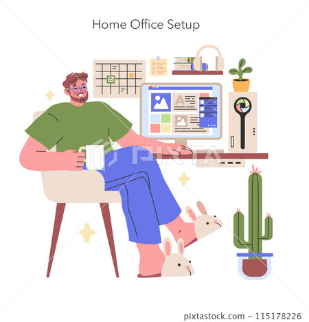 Home Office Setup illustration A tranquil work environment at home featuring a well-organized desk, personal touches, and a hint of greenery Vector illustration 115178226