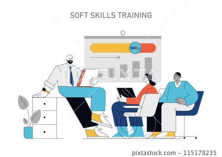 Soft Skills Training concept. Professionals attending a development workshop. Enhancing teamwork, communication, and leadership. Vector illustration. 115178235