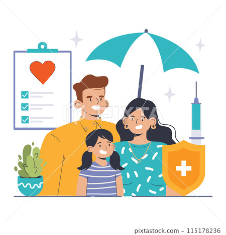 Family Healthcare Insurance concept. Illustration of a secure family with a protective umbrella, showcasing healthcare coverage essentials and peace of mind. Flat vector illustration 115178236