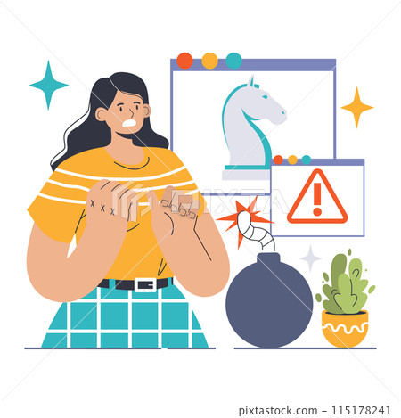 Trojan horse deception. Concerned user encounters hidden malware, symbolized by the mythic creature on screen. Covert cyber threat lurks. Flat vector illustration. Trojan horse deception. Concerned user encounters hidden malware, symbolized by the mythic creature on screen. Covert cyber threat lurks. Flat vector illustration. 115178241