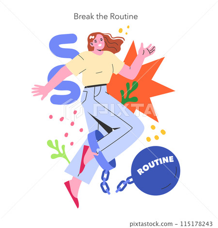 YOLO concept. Joyful person breaking free from the shackles of routine, embracing spontaneity and life's excitement. Liberation and carefree attitude. Vector illustration. 115178243