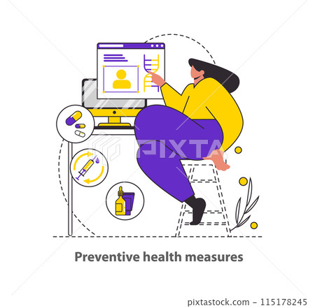 Preventive Health Measures concept Showcases health monitoring through digital platforms, emphasizing proactive personal healthcare management Vector illustration 115178245