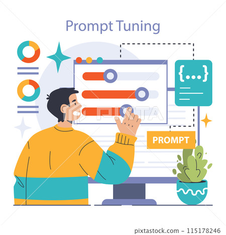 Prompt-engineers writing a command to a artificial neuron network. Artificial intelligence development. Character using AI to create a text or an image. Flat vector illustration 115178246
