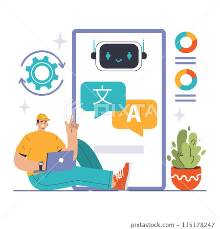 NLP in Action concept. A tech-savvy individual interacts with an advanced chatbot, showcasing the seamless blend of human and AI communication. Data analytics tools in play. Flat vector illustration 115178247