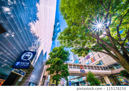 Yokohama cityscape in Japan in June. View of Yokohama Municipal Subway Kamiooka Station (Exit 6) and the light beams, etc., shining against the fresh greenery = 3rd 115178250