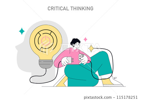 Critical Thinking concept. Illustration of a person with an idea bulb symbolizing thought process. Creative problem-solving skills representation. Vector illustration. 115178251