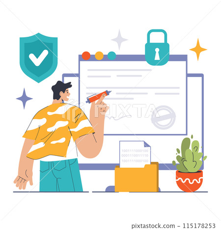 Data encryption. Personal information, internet access or database protection. Cyber security and privacy. Flat vector illustration 115178253