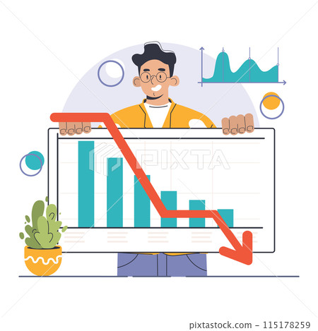 Amortization and depreciation set. Calculating the value for business assets over time. Company asset lifespan , capital valuation. Financial report. Flat vector illustration 115178259