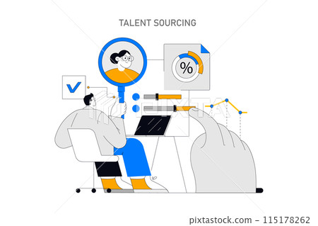 Recruiting concept. A professional analyzes data and candidates, focusing on talent sourcing strategies. Vector illustration. 115178262