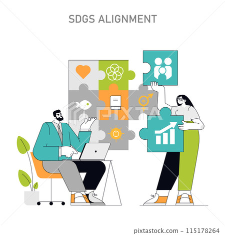 SDGs Alignment concept Professionals engaging with sustainable development goals for a resilient future Corporate integration of global eco-friendly objectives Vector illustration 115178264