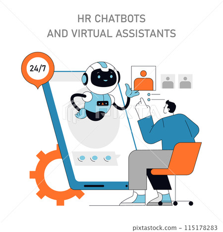HR Chatbots and Virtual Assistants concept Around-the-clock robotic helpdesk providing HR services Integrating AI for employee support Vector illustration 115178283