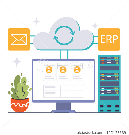 Integration Platform as a Service (IPaaS) concept. Visual showcasing seamless connection between email, cloud services, and enterprise resource planning. Flat vector illustration 115178289