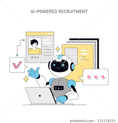 AI-Powered Recruitment concept. Robot analyzing candidate profiles for hiring. Automation in talent acquisition and HR technology. Vector illustration. 115178313