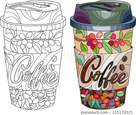 Cup of coffee beverage with abstract ornaments for coloring Cup of coffee beverage with abstract ornaments for coloring 115178325