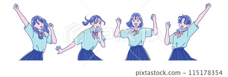 Anime-style female student cheering with fist pump Anime-style female student cheering with fist pump 115178354