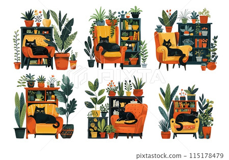 Sleeping cat cartoon illustration vector set. Cute animal cabinet chair shelves indoor plants black pet room interior scenes, isolated on white background 115178479