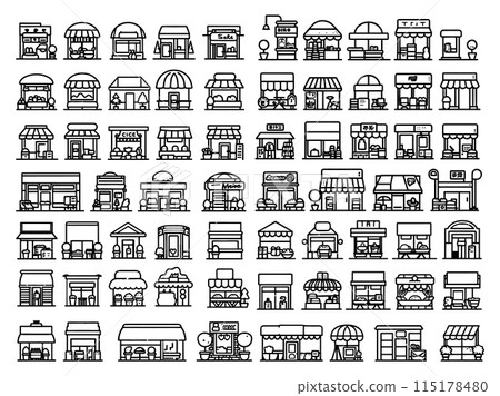 Shops outline vector bundle. Supermarkets showcases counters benches retail outlets malls chain enterprises market places, trade shopping icons isolated on white background 115178480