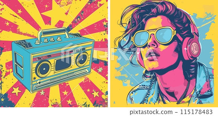 Retro party 90s cartoon posters. Cassette tape sound player recorder young woman glasses headphones stylish hairstyle face avatar grunge stars splashes character, bright color concepts 115178483