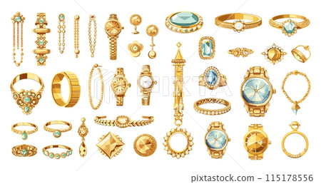 Jewelry cartoon vector set. Gold earrings bracelet watch ring diamond stone necklace chain precious metals wealth accessories products, illustration isolated on white background 115178556