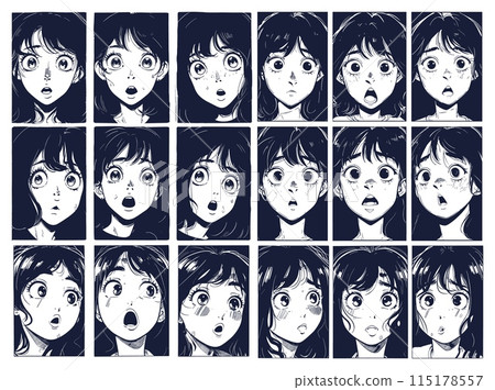 Japan girl close up face emotions comic ink sketch vector set. Anime look uncertainty confusion fear fright horror long hair big eyes young woman frame manga black monochrome character 115178557