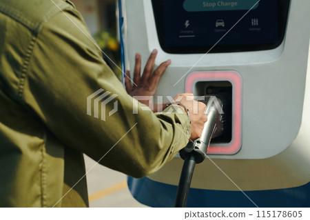 EV Owner Taking Plug from Charging Station 115178605