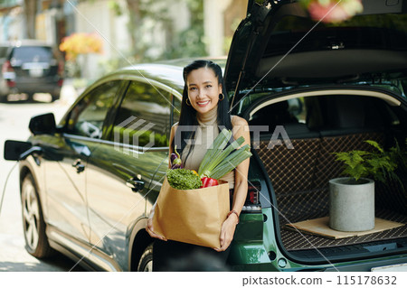 Woman with Groceries Standing at Electric Car Woman with Groceries Standing at Electric Car 115178632