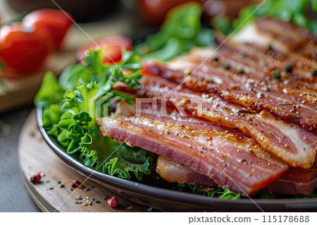 Turkish bacon on wooden table , pastrami ( kayseri pastirma ). Ai generative 115178688