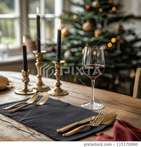 A Festive Dinner Table Setting With Candles, Wine, and Black Napkins 115178900