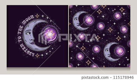 Seamless celestial pattern, label with crescent moon with face, magic fortune ball, shimmering stars on night sky, text. Mysterious magic insight concept. Astrological illustration in vintage style 115178946