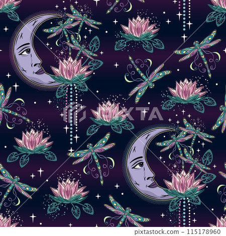 Seamless celestial pattern with lotus flower, flying fantasy dragonflies, moon crescent with face, stars. Mysterious magic concept. Colorful illustration in vintage style. 115178960