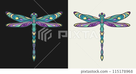 Fantasy colored dragonfly with stretched wings in Art Nouveau style. Single isolated colorful illustration in vintage style. Top view. 115178968