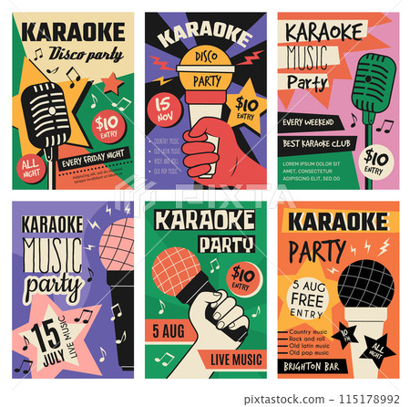 Karaoke placard. Music poster with place for text music show invitation recent vector banners 115178992