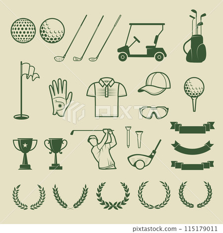 Golf tools. Sport elements set stick balls cap caps and achievements recent vector golf competition collection Golf tools. Sport elements set stick balls cap caps and achievements recent vector golf competition collection 115179011
