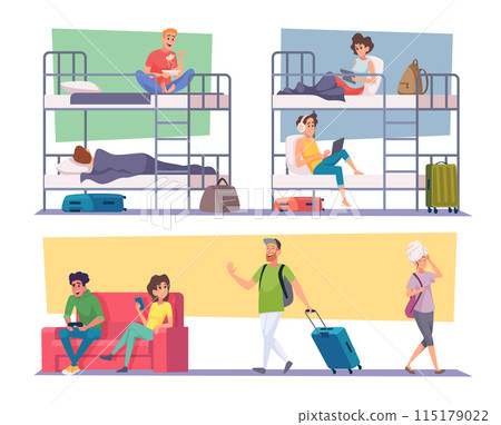 Hostel people. Travelers lifestyle sleeping relax eating in hostel open space rooms exact vector cartoon illustration 115179022