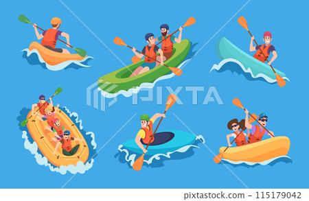 Rafting. Extreme water sport activities for male and female exact vector kayaking and rafting 115179042