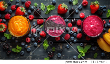 Freshly Blended Smoothies With Assorted Berries and Mint on Dark Wooden Tabletop 115179052