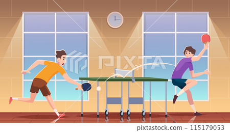 Table tennis. Sport background with active characters playing in ping pong game exact vector cartoon background 115179053