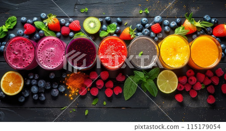 Freshly Blended Smoothies With Assorted Berries and Mint on Dark Wooden Tabletop 115179054