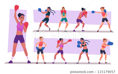 Woman boxing. Female fighters punching in gloves sport female characters exact vector strong woman 115179057