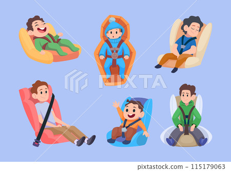 Baby car seat. Kids special safety places in transport kids passengers exact vector cartoon illustrations 115179063