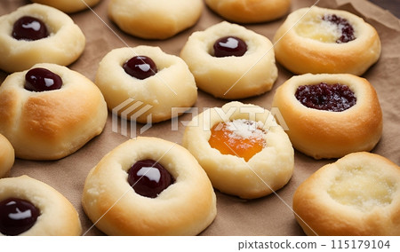 Sweet fruity pastry of Raspberry and peach Kolache with icing, AI Generated 115179104